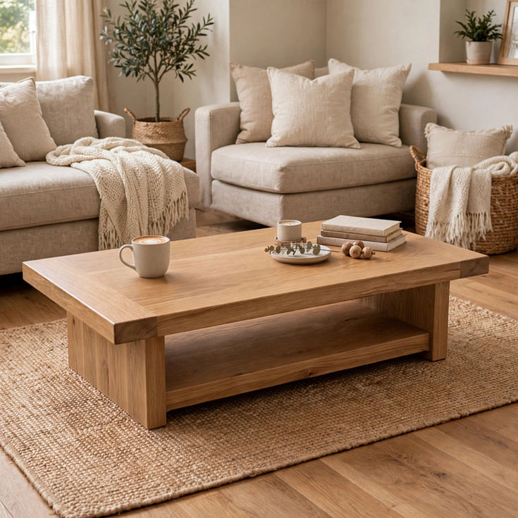 Rustic Oak Low Coffee Table in a living room setting