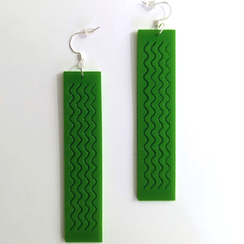 Thumbnail: Green Acrylic Ziggy Stardust Dangle Earrings featuring a bold, long laser-cut lightning bolt design on hooks.