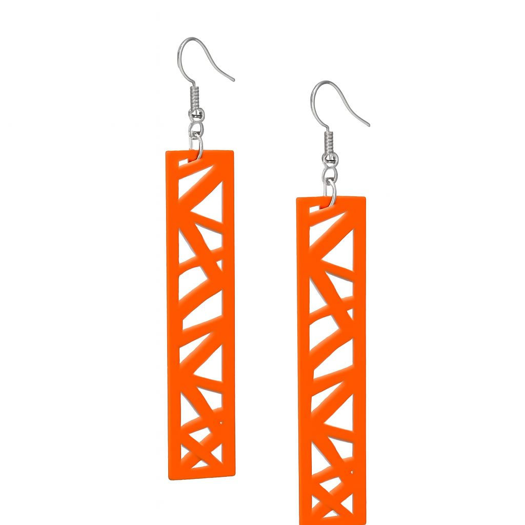 Orange Handmade acrylic lattice beam dangle earrings lightweight geometric jewellery UK