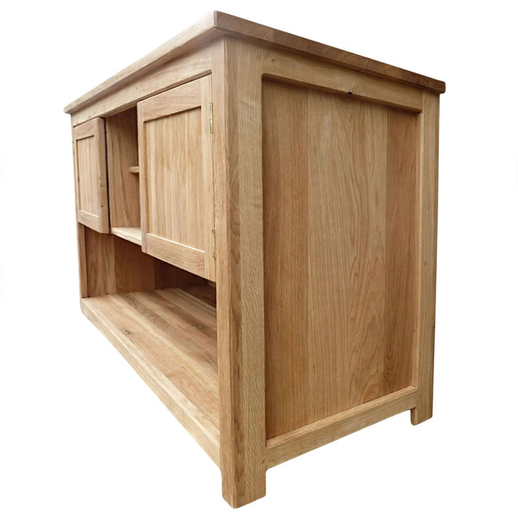 Made to measure rustic oak tall TV stand with compartments and 2 doors right side view