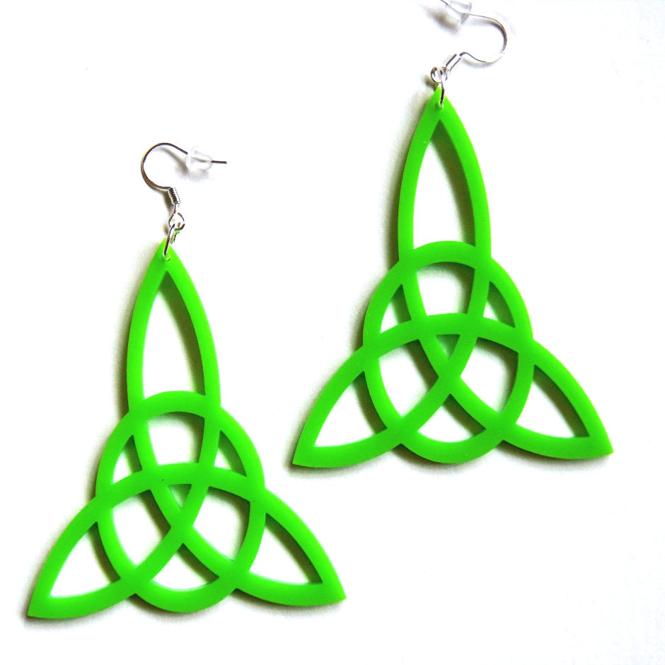 Thumbnail: light green Acrylic Celtic Knot Dangle Earrings, a large, intricate laser-cut endless knot design on 925 sterling silver hook
