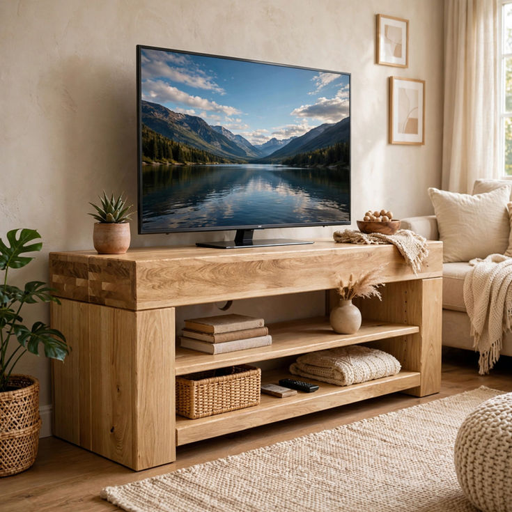 Handmade Rustic Oak TV Stand living room scene