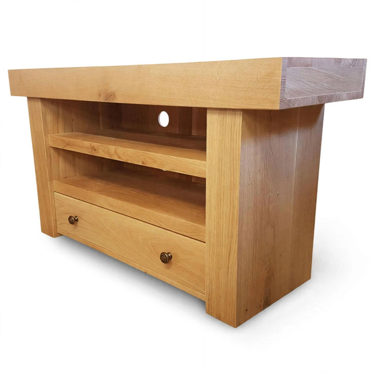 rustic oak beam TV stand with shelf and drawer angled view