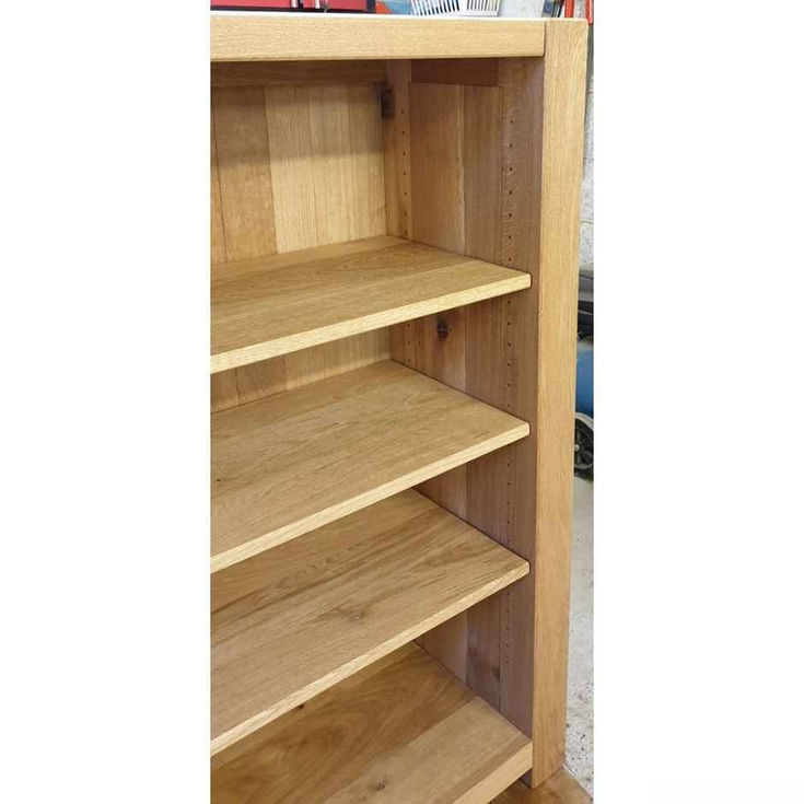 Chunky rustic oak bookcase handmade from solid oak wood shelving unit UK close up