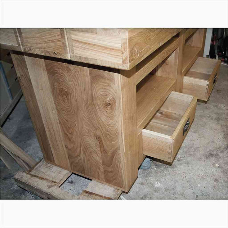 solid oak beam TV unit with storage drawers detail
