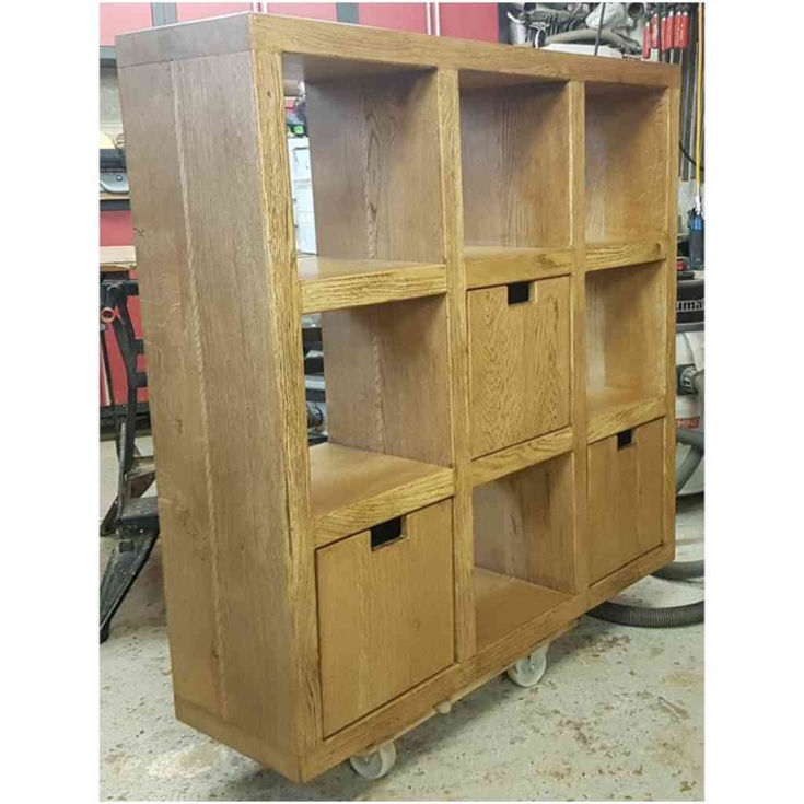 Bespoke grand chunky rustic oak 9-cube display unit solid oak doors and six open storage compartments.2