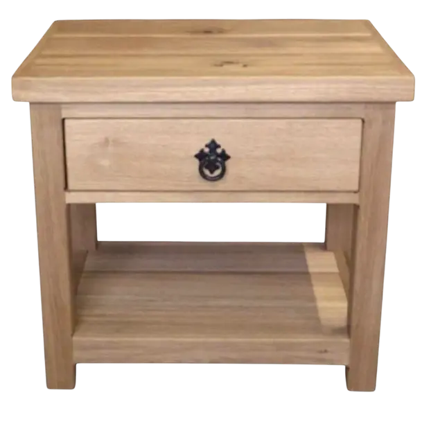 Handmade solid oak side table with drawer and shelf, front view