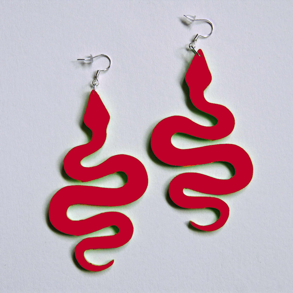 Thumbnail: Red Acrylic Snake Dangle Earrings in, featuring a winding, laser-cut serpent silhouette on 925 sterling silver hooks.