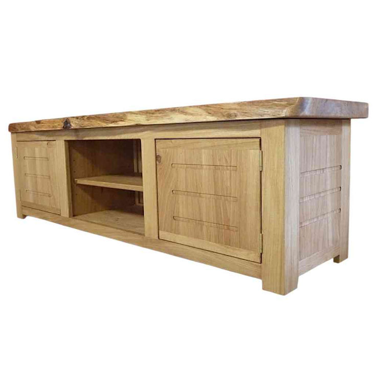 rustic oak TV unit with live edge grain texture