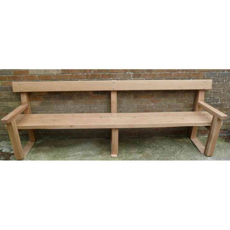 Solid oak bench outdoor rustic wooden seating UK, front view