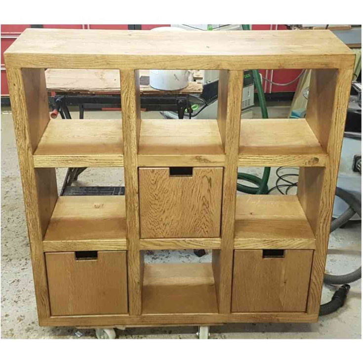Bespoke grand chunky rustic oak 9-cube display unit solid oak doors and six open storage compartments.3