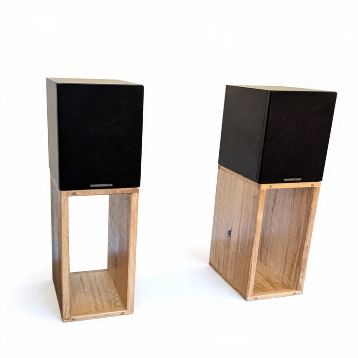 rustic oak cube speaker stands angled view with speakers
