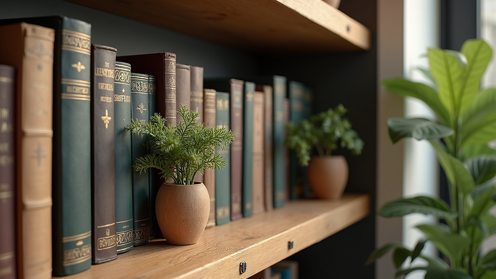 Close-up view of oak shelves with books and decorative plants