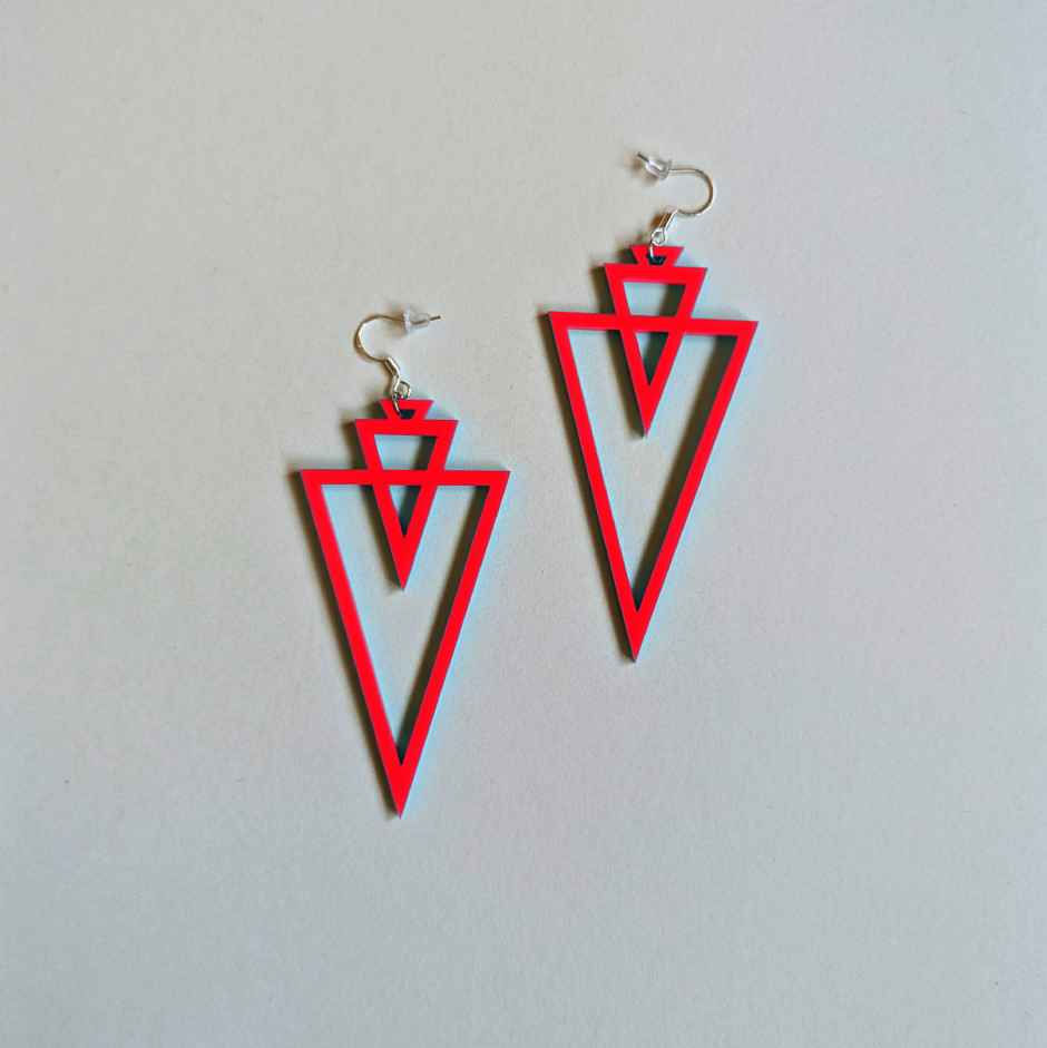 Thumbnail: red Handmade acrylic twin triangle geometric earrings lightweight statement jewellery