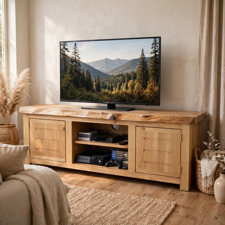 Rustic oak live edge tv stand with 2 doors, natural waney edge solid oak handmade in UK, bespoke sizes
