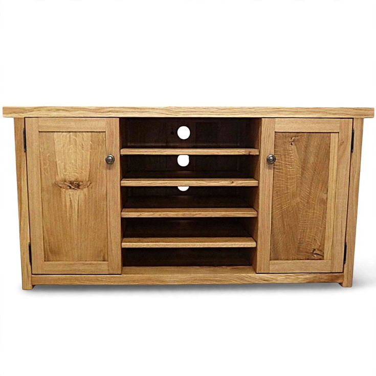 Bespoke rustic oak TV stand with 4 shelves front view