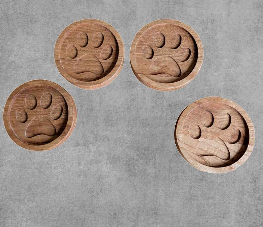 set of handmade solid oak cat paw coasters rustic wooden drink coasters UK