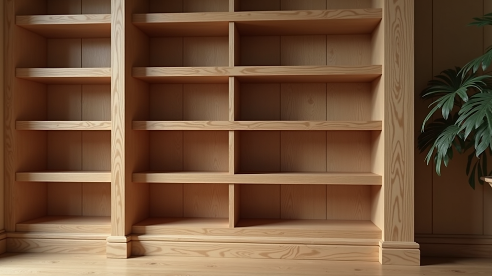 Eye-level view of a handcrafted oak bookcase with adjustable shelves