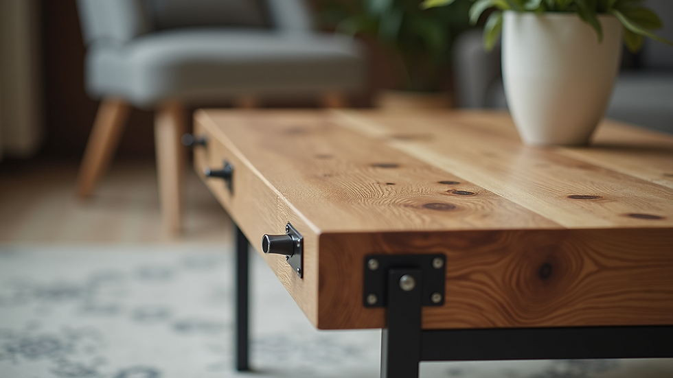 Close-up view of rustic oak coffee table with natural wood grain and metal accents