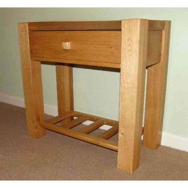 Narrow oak entryway organiser with chunky legs and thick shelf