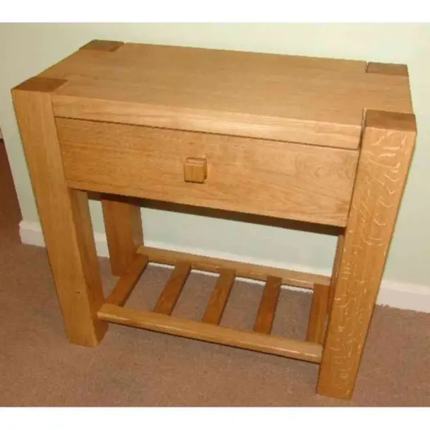 Bespoke chunky rustic oak console table featuring a storage drawer, lower tier shelf, and natural character grain-a