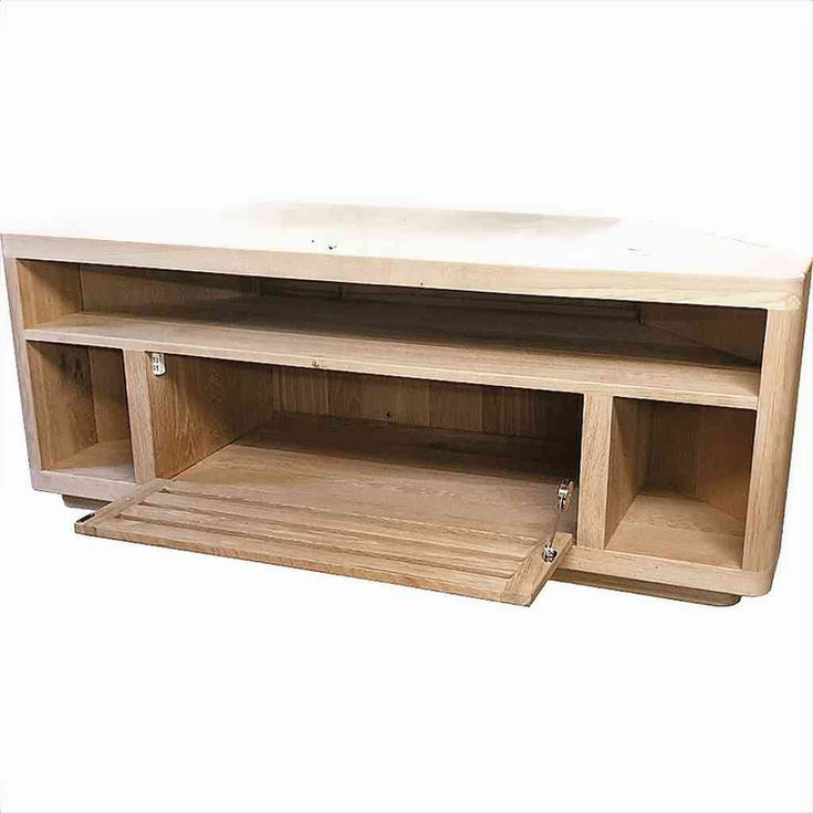 Handmade solid oak corner TV stand with drop-down door and rustic grain, open door