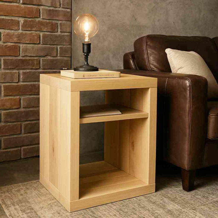 Handmade rustic solid oak side table with shelf design living room setting