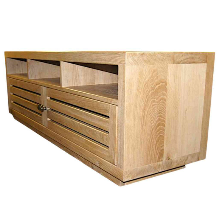 Rustic solid oak TV stand side view with 2 doors and open shelving