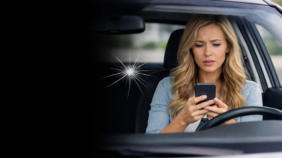 Concerned woman texting on smartphone while driving her car.