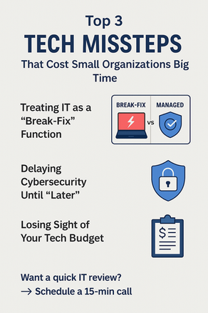 Graphic that says, "top 3 tech missteps that cost small organizations big time"