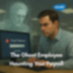 "The Ghost Employee Haunting your Payroll". A Man has forgotten his password and a ghost made out of money looms over him.
