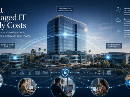 Managed IT infographic linking Orange County HQ and regional offices over a coastal city; security, productivity, Kosh Solutions.