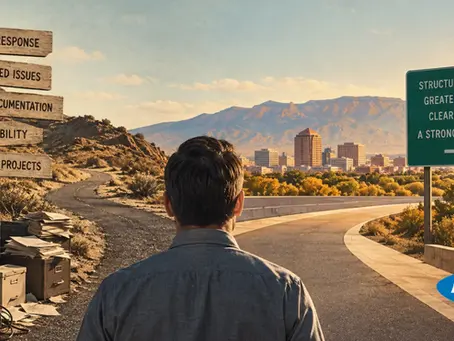 Back view of man facing a road split between issue signs and a green sign promising structured support; city and mountains beyond.