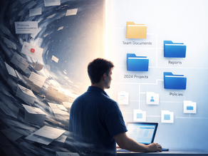 Swirling documents that get organized by folders.