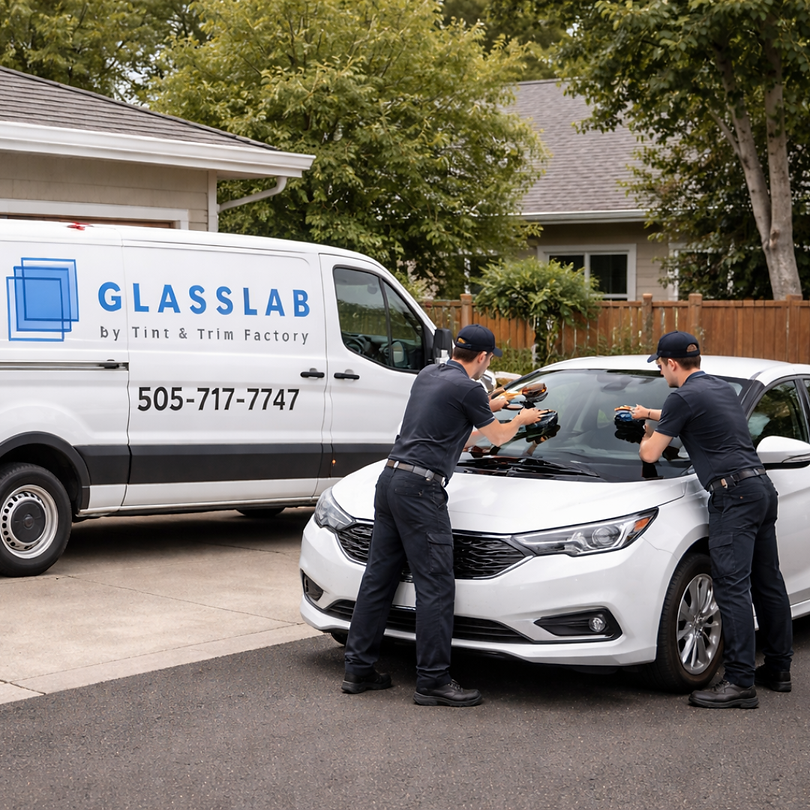 Two technicians install windshield. GLASSLAB by TINT & Trim FACTORY 505-717-7347.