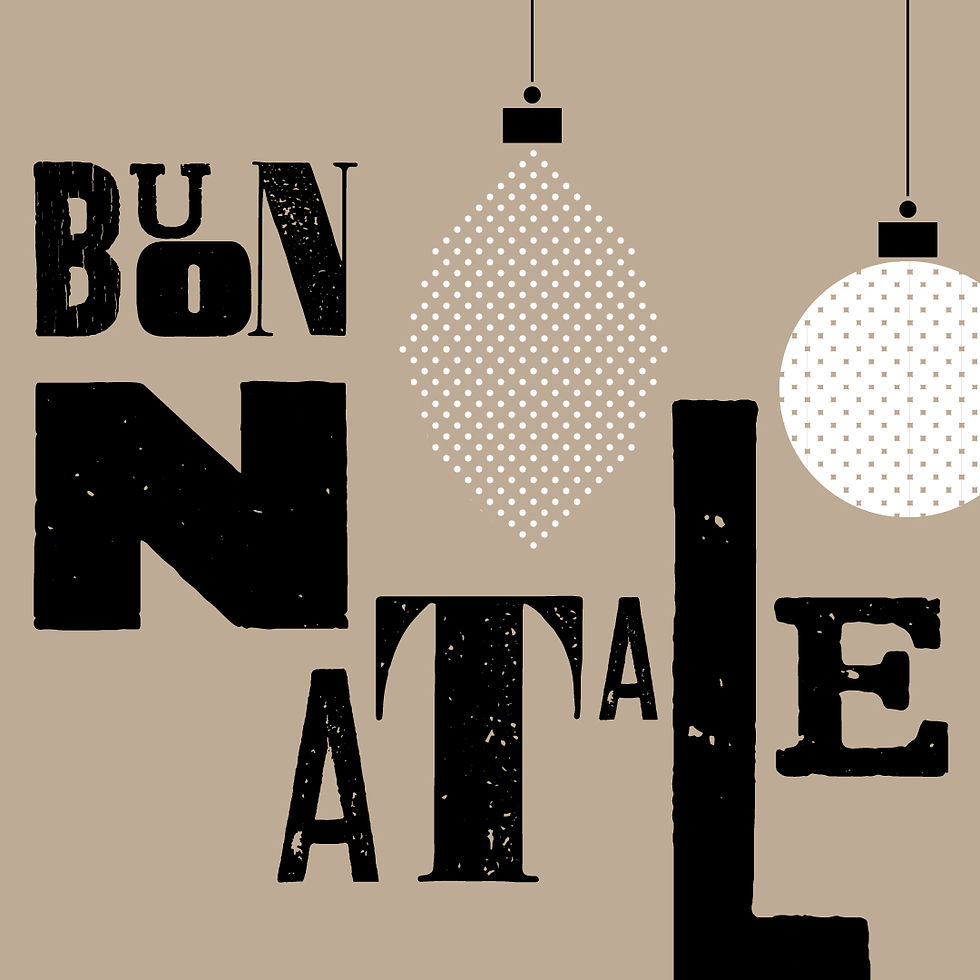 Text "Buon Natale" in bold black letters on a beige background with two hanging patterned ornaments in white. Festive and warm mood.