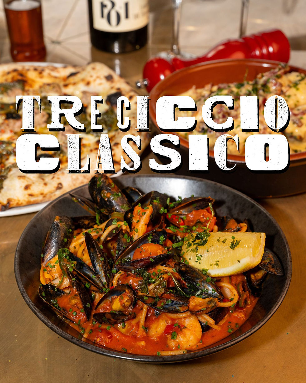 Seafood pasta with mussels in a bowl, lemon garnish. Pizza and bottle in the background. Bold text: "TRE CICCIO CLASSICO."