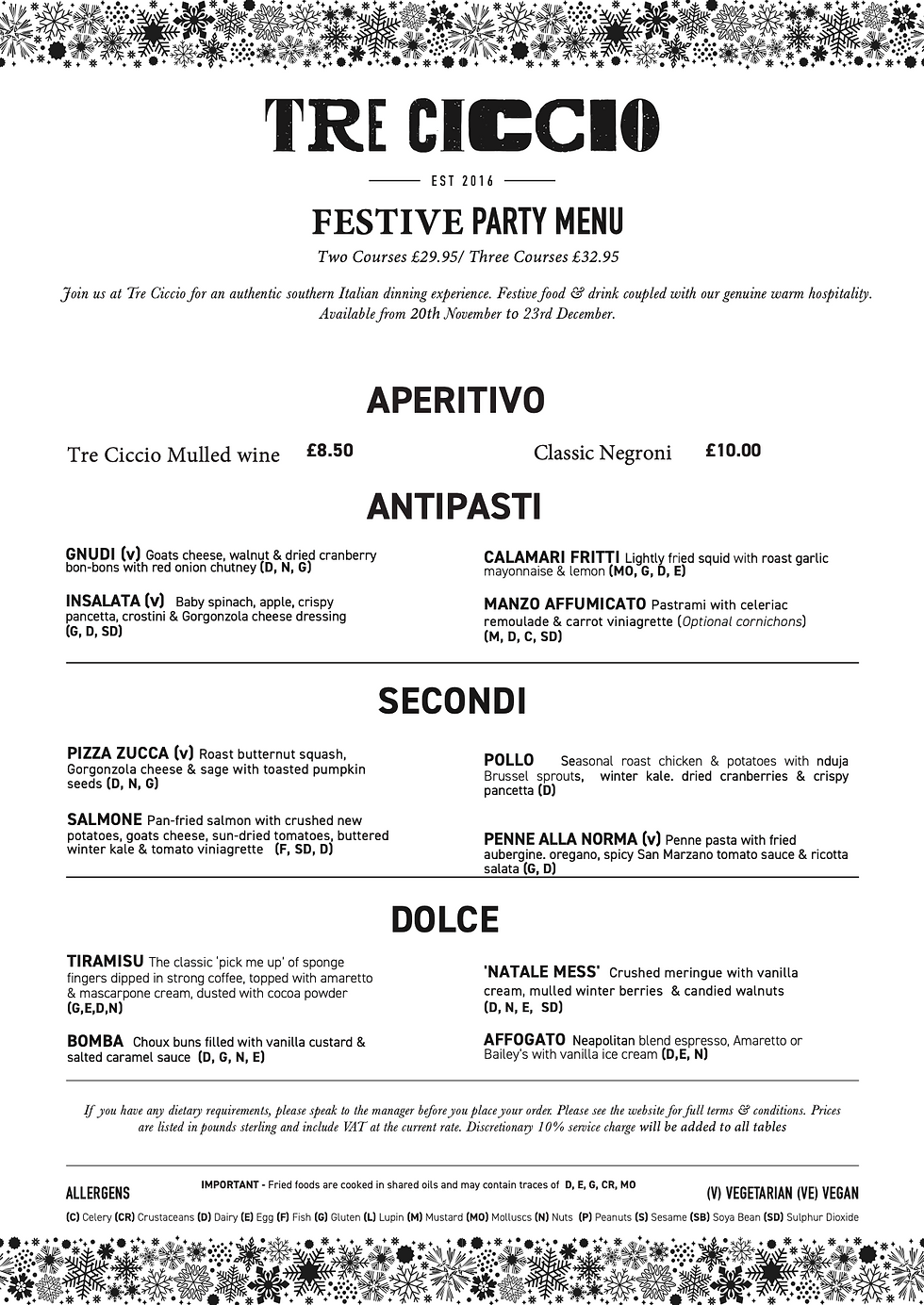 Tre Ciccio Festive Party Menu listing aperitifs, antipasti, secondi, and dolce. Price: £29.95/£32.95. Available 20th Nov-23rd Dec.