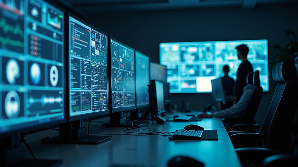 High angle view of a security system control room with multiple monitors