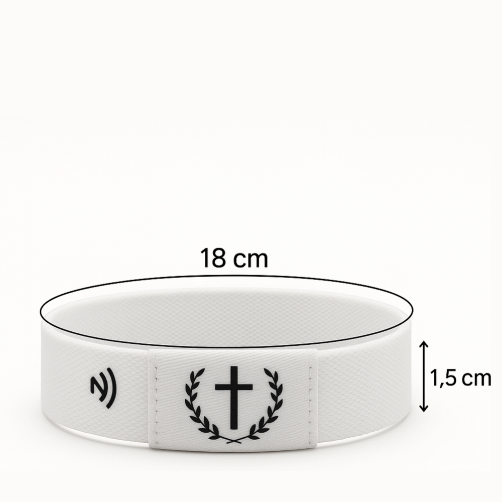 Weißes NFC Armband mit Kreuz Symbol Größenangabe 18 cm Produktfoto