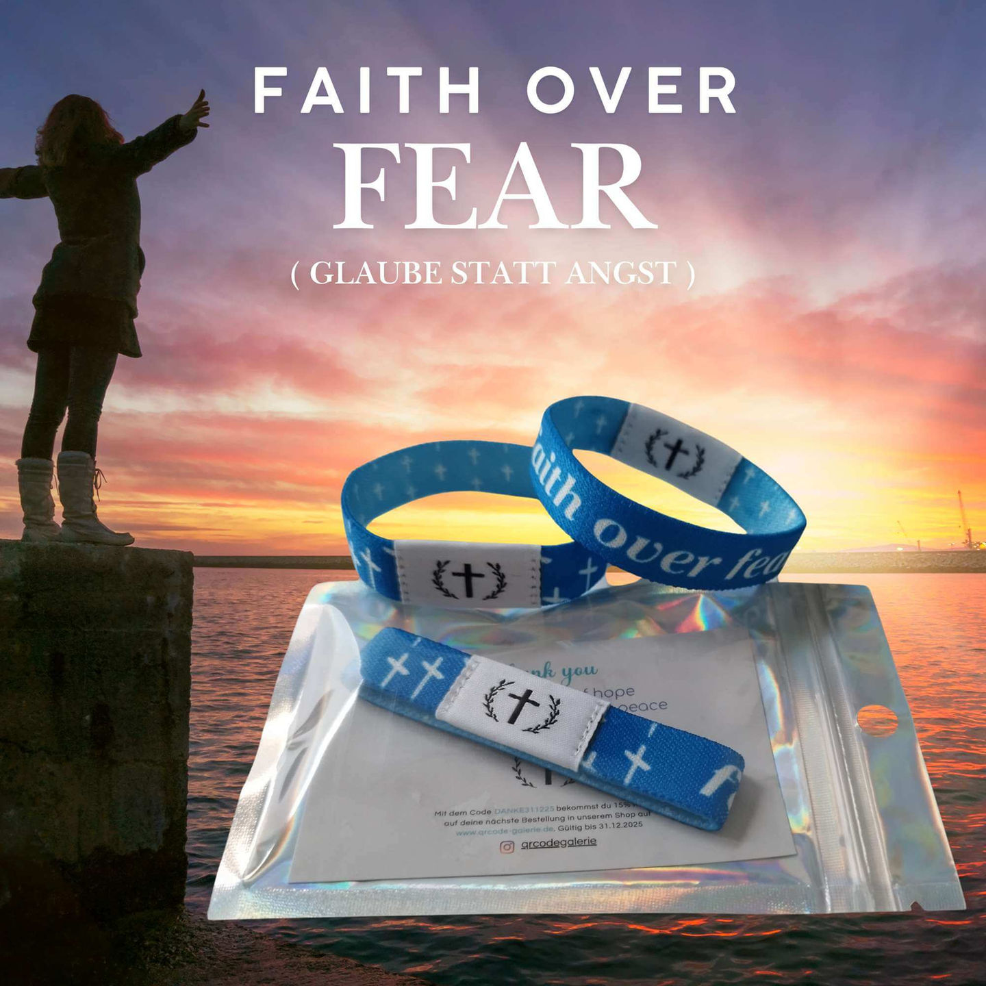 NFC Armband Bibelverse blau mit Aufschrift Faith over Fear christliches Armband