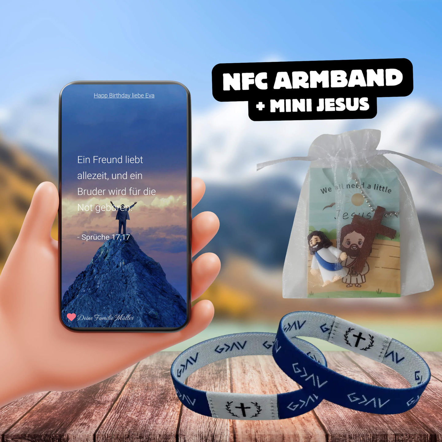 NFC Armband blau mit Smartphone Bibelvers Anzeige Outdoor Hintergrund