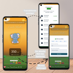 Spaß am sparen – animierte Premium-Ansicht mit Elefanten-Motiv, Taschengeld-Konto und Sparplan auf dem Smartphone