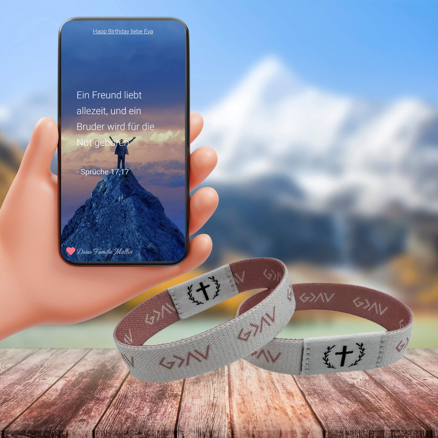 NFC Armband rosa mit Smartphone Bibelvers Anzeige Outdoor Hintergrund
