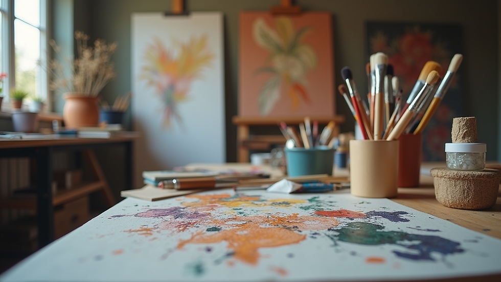 Eye-level view of an art studio with various painting supplies