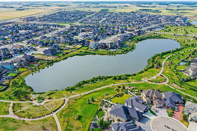 Striking aerial depiction of Stonebridge neighborhood in Saskatoon, melding contemporary u