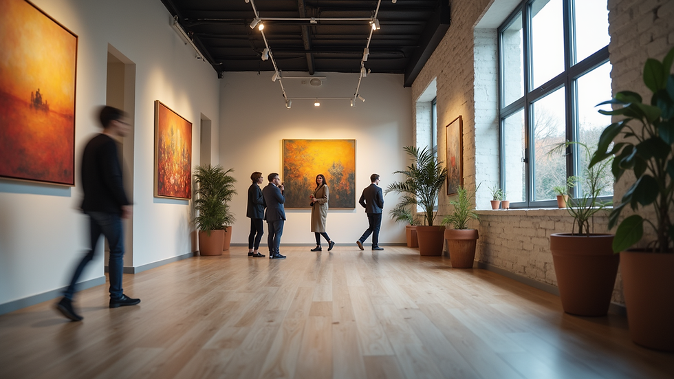 Eye-level view of an art salon featuring diverse artworks