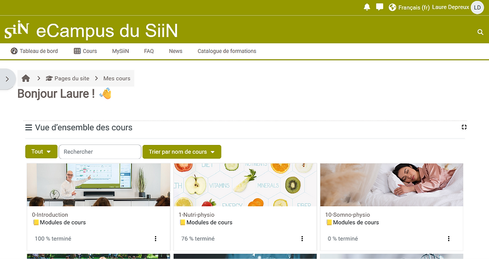 Tableau de bord eCampus SIIN — formation micronutrition Laure Depreux, naturopathe Sens