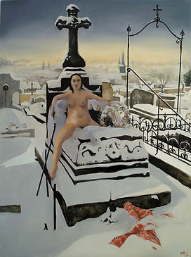 Femme nue sortant d'un tombeau enneigé, peinture huile sur toile
