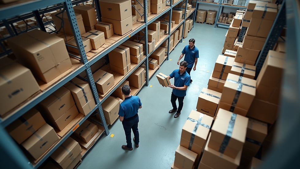 High angle view of a logistics center with couriers preparing packages